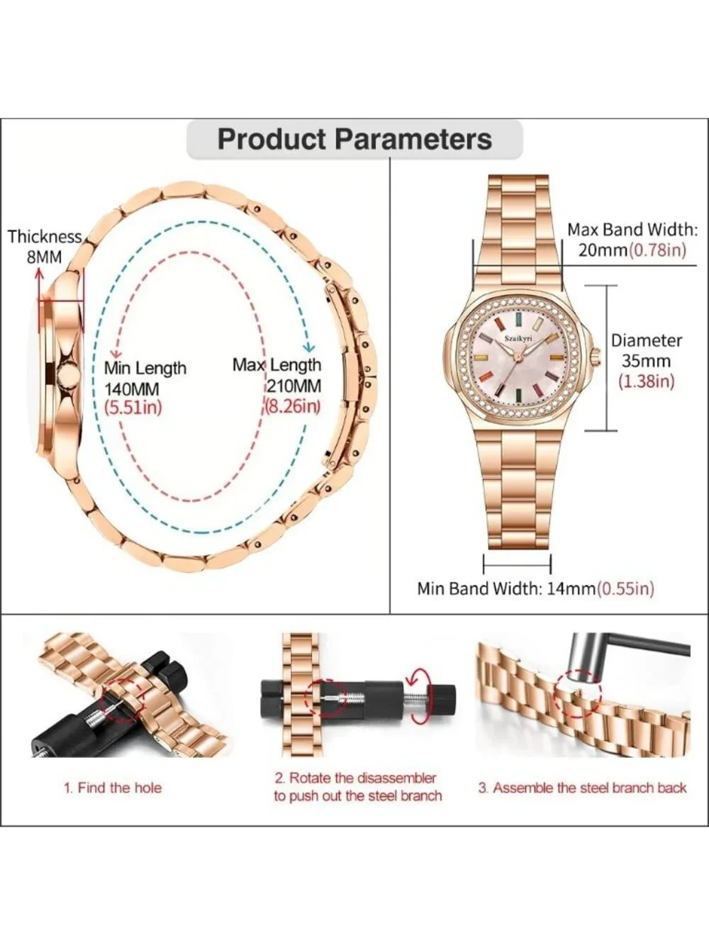 Women's Rose Gold Crystal Accented Solid Stainless Steel Band Dress Wrist Watch